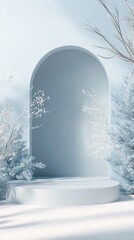 Poster - Empty podium displaying winter wonderland scene with snowy plants and arch