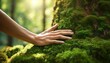 © Juri_Tichonow - A hand touching a moss-covered tree in a lush forest during golden hour.