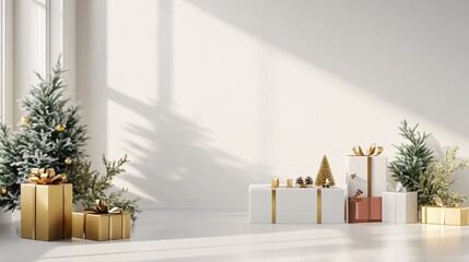 Poster - Christmas presents and trees illuminating a white room