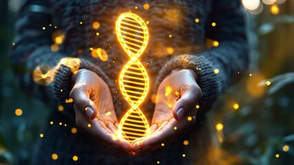 Poster - A person holds glowing DNA strands in their hands amidst a serene natural background at sunset