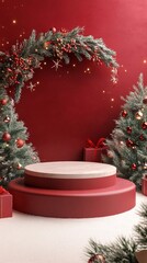 Aufkleber - Christmas podium displaying products with festive decoration and garland