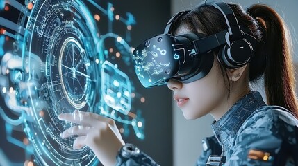 Poster - Female engineer uses vr headset to innovate and explore virtual standards in technology