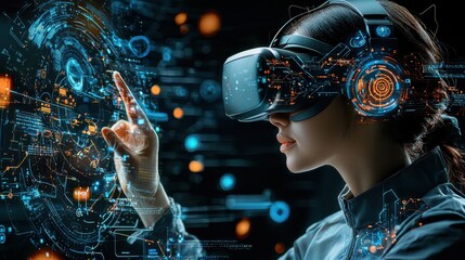 Poster - Female engineer explores virtual standards using vr headset for innovative technology solutions