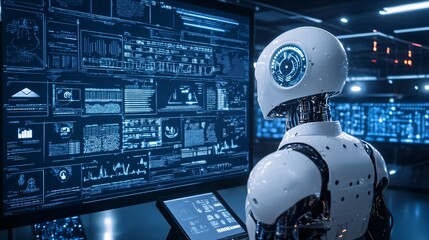 Aufkleber - Humanoid robot processing data on computer screens in modern data center