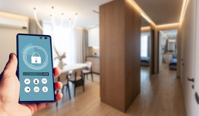 Poster - smart phone with smart home and modern room