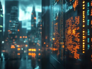 Poster - glowing stock market numbers on digital displays with a blurred cityscape background, highlighting t
