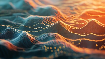 Aufkleber - Abstract blue and orange particle landscape forming rolling hills with data flow