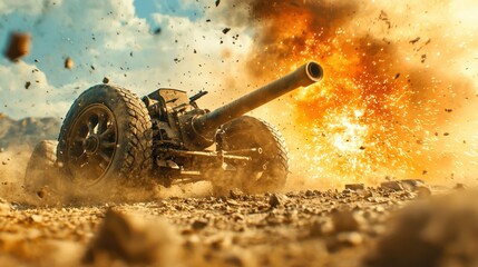 Poster - Artillery round spent on dusty terrain with blurred background capturing the impact of war