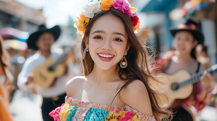 Wall Mural - young woman in colorful traditional Mexican dress smiles joyfully, surrounded by musicians on lively street. Her vibrant floral headpiece adds to festive atmosphere