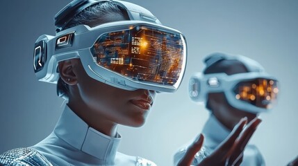 Poster - Empowered woman in high-tech business attire engages with holographic standards for innovative solutions