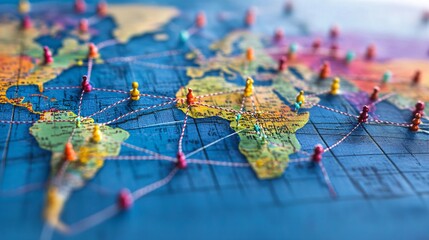 Poster - World map showing international connections with colorful pins and string