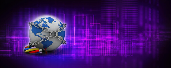 Poster - 3d rendering Fiber optical cable detail connected globe with lock
