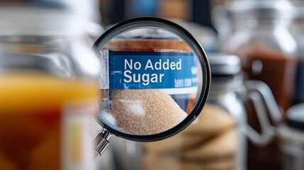 no added sugar concept: magnified brown sugar jar highlighting refined sweeteners in modern food tre