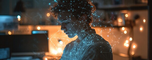 Aufkleber - Software developer connecting to global network in futuristic office