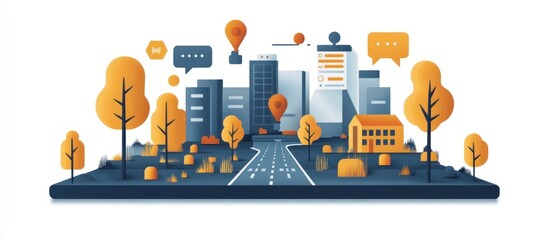 Cityscape with Smartphone Interface and Icons