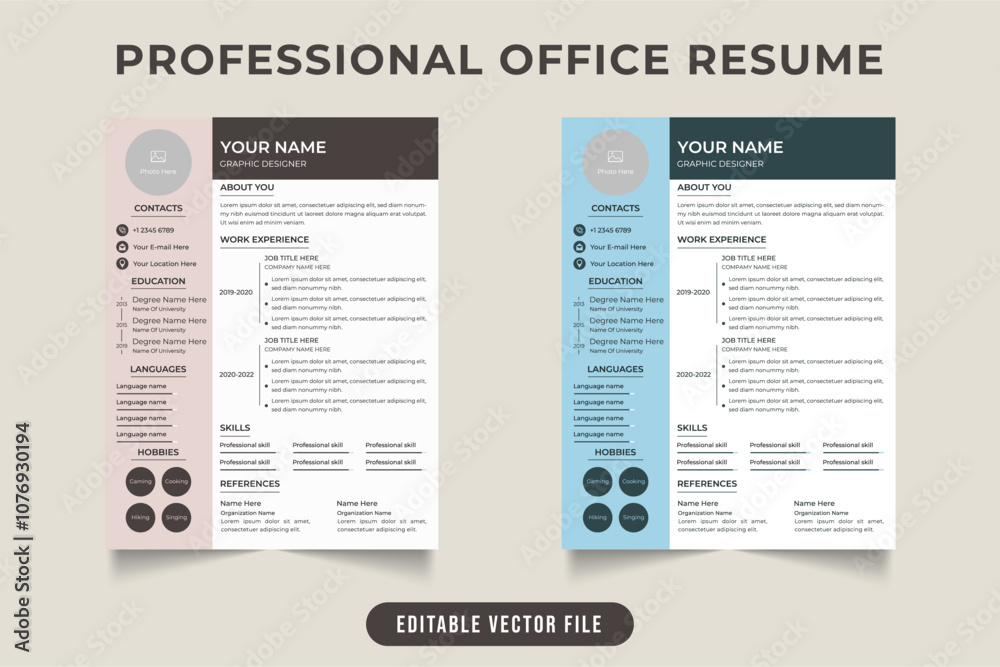 Professional office employee resume template vector with elegant colors Professional office employee resume template vector with elegant colors