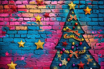Poster - An up-close look at a Christmas pop art graffiti wall with a textured background wall covering A bright neon color scheme with plenty of room for text, Generative AI.