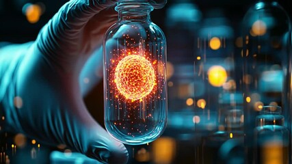 Poster - A glowing orb inside a glass vial held by a gloved hand in a dimly lit laboratory setting