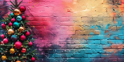 Poster - An up-close look at a Christmas pop art graffiti wall with a textured background wall covering A bright neon color scheme with plenty of room for text, Generative AI.