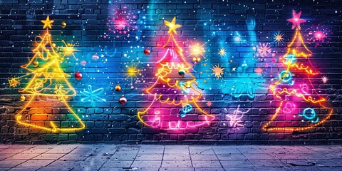 Poster - An up-close look at a Christmas pop art graffiti wall with a textured background wall covering A bright neon color scheme with plenty of room for text, Generative AI.