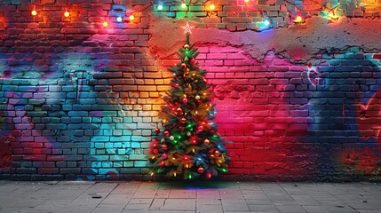 Aufkleber - An up-close look at a Christmas pop art graffiti wall with a textured background wall covering A bright neon color scheme with plenty of room for text, Generative AI.