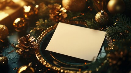 Fototapete - A blank white card rests on a gold-trimmed plate, nestled among pine boughs, golden ornaments, and pine cones. Warm, golden light illuminates the scene, creating a festive and elegant ambiance.