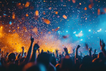 Canvas Print - Stunning night concert background crowd confetti lights.