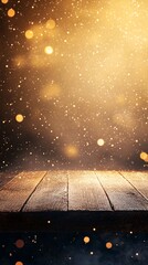 Poster - Empty wooden table illuminating by golden festive bokeh lights and glitter dust
