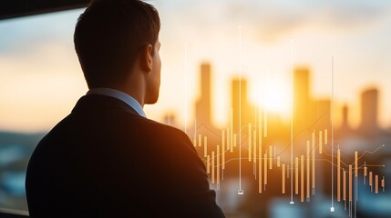 Poster - Professional businessperson observing city skyline with financial graph overlay at sunset, embodying ambition, success, and strategic planning in a corporate environment.
