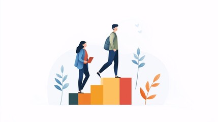 Poster - Colorful Illustration of Two Customers Climbing Bar Chart Steps Towards Growth and Success in a Modern Digital Environment with Nature Elements