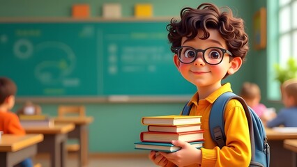 Portrait of cute schoolboy holding books and smiling at camera in classroom