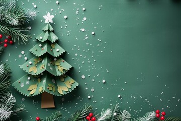 Poster - A detailed view of featuring a large content area for writing a colorful paper Christmas tree with branches and snowflakes on a green backdrop, Generative AI.