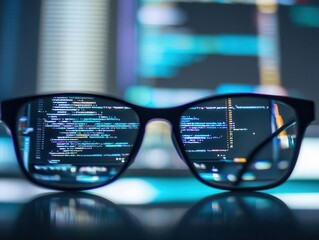 close-up of eyes reflecting a computer monitor in glasses, capturing the theme of cyber security, with a focus on vigilance and technology