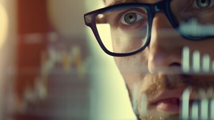 Aufkleber - Close up of a businessman wearing eyeglasses analyzing financial charts displayed on a transparent digital screen, showcasing data analysis and decision making in a modern office setting