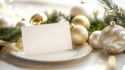 Poster - A beautifully arranged holiday table featuring a blank card on a plate surrounded by golden and white ornaments, with lush greenery creating a festive atmosphere for winter celebrations.