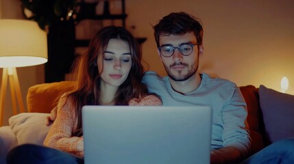 Wall Mural - A man and woman are sitting on a couch looking at a laptop