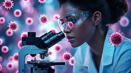 Poster - Lady scientist examining viruses under a microscope in a laboratory setting during evening hours