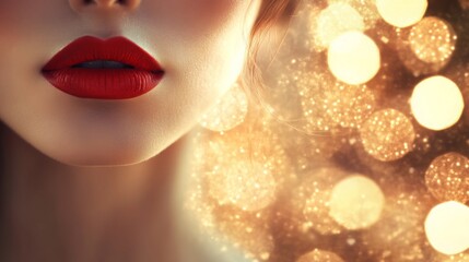 Poster - Luscious red lips are highlighted in this close-up, surrounded by a soft blur of warm bokeh lights, creating a luxurious and enchanting atmosphere perfect for evening elegance.
