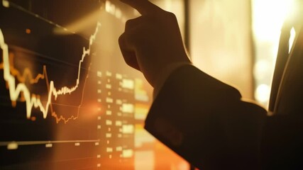 Poster - Businessman in a suit is pointing at a digital screen displaying financial charts, analyzing market trends and investment opportunities in a modern office at sunset