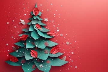 Poster - A detailed view of featuring a large content area for writing a colorful paper Christmas tree with branches and snowflakes on a red backdrop, Generative AI.
