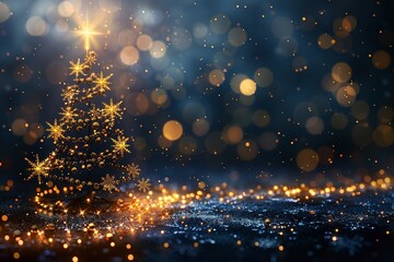 Poster - An up-close view of a geometric Christmas tree complete with snowflakes and sparkling lighting on a dark background plus plenty of foreground writing area, Generative AI.