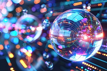Poster - A vibrant digital scene featuring luminous bubbles on a futuristic background, showcasing patterns and colorful lights.