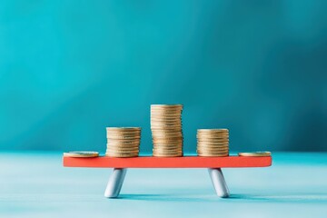 Poster - Stack of coins on seesaw, tipping towards stability, flat design illustration