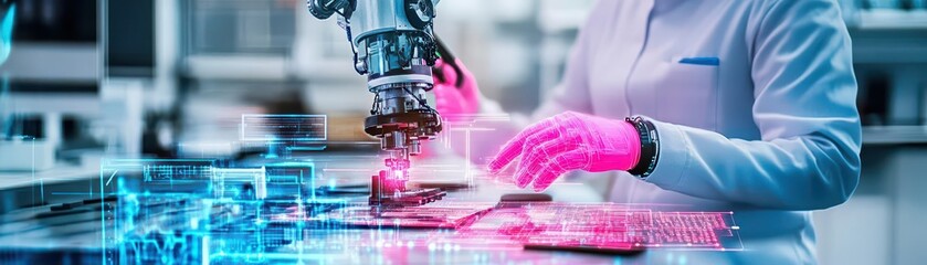 Fototapete - Robotic engineer programming a mechanical arm, cyberpunk style, bright neon pink and blue, high tech lab, sleek design