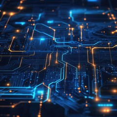 Poster - Futuristic circuit board with glowing lines and nodes, representing advanced technology and digital innovation.