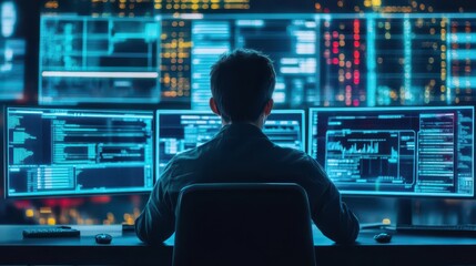 Poster - Industrial engineer in a hightech control room surrounded by holographic screens, neon lights, scifi style, cyberpunk colors, futuristic tech
