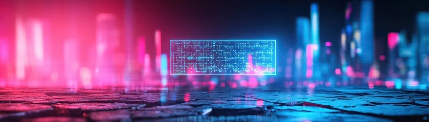 Wall Mural - holographic address hovering over a broken pavement, scifi cityscape, neon lights, dynamic angle, ni