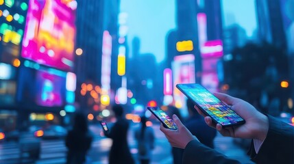 Leinwandbilder - Group of businesspeople navigating a city with GPS on smartphones, neon city lights, cyberpunk theme, dusk setting