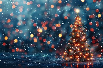 Poster - An up-close view of a geometric Christmas tree complete with snowflakes and sparkling lighting on a dark background plus plenty of foreground writing area, Generative AI.
