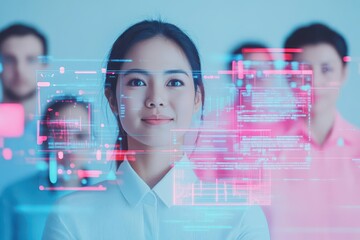 Poster - Diverse group of office workers in a digital workspace with holographic screens, cheerful expressions, futuristic technology, pastel color scheme